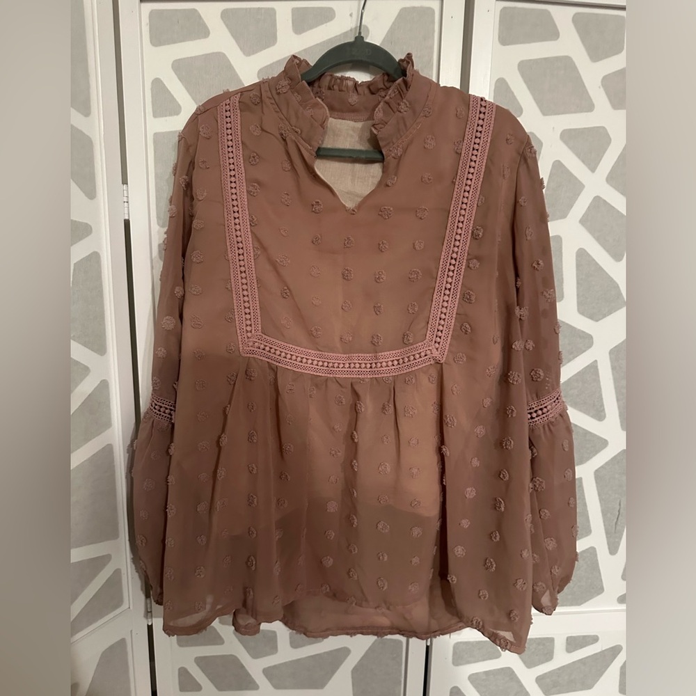 Women's Mauve Embroidered Ruffle-Neck Peasant Blouse